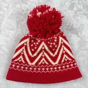 Vintage Andres Red Wool Fair Isle Pom Pom Beanie Nordic Winter Hat Scandinavian